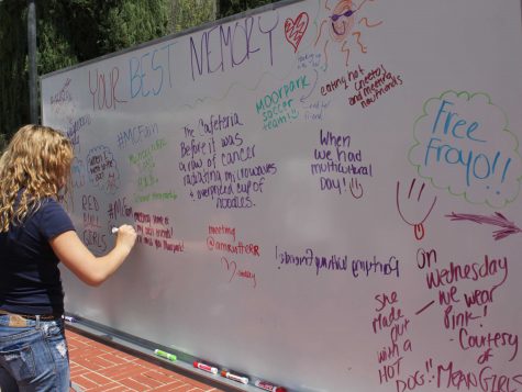 Students write on a white board what their favorite memories are at Moorpark College during the college's 6th annual Transfer Social on Wednesday May 7 on Raider Walk. 