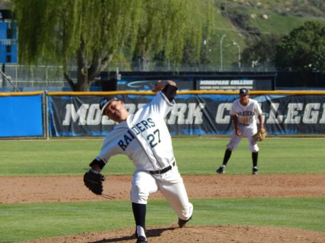 Moorpark relief pitcher Kodi Koorndyk throws to the plate against Oxnard College at Raiders Stadium on Saturday.