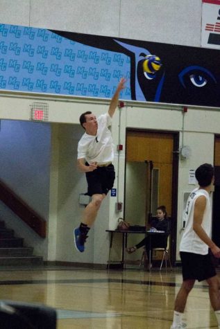 JULIE FENNELL/MOORPARK COLLEGE Ryan Butterworth (#7) of Moorpark College sends up a jump serve against SBCC in Game 1 on Friday, April 1, 2016.  Raiders took home a win of 3-1. 4-1-2016