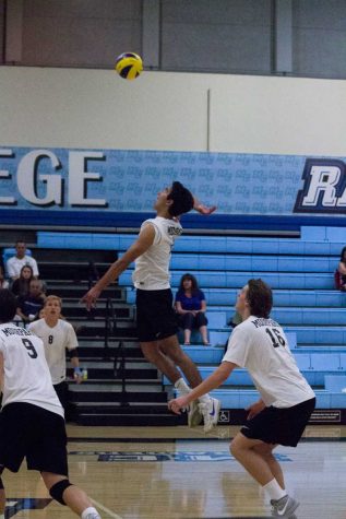 JULIE FENNELL/MOORPARK COLLEGE Owen Yoshimoto (#11) attacks from the back row in Game 4 against SBCC at home on Friday, April 1, 2016. Raiders took home a win of 3-1. 4-1-2016