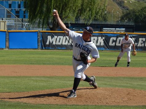 Moorpark starting pitcher John Cashman throws to the plate against the Brahmas. He pitched seven complete innings and was credited with the win. His record is 6-2 with two saves.