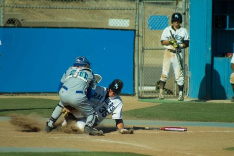 JULIE FENNELL/MOORPARK COLLEGE Dalton Duarte (#35) of Moorpark College is tagged out as he slides into home in the bottom of the 7th inning in a home game against Oxnard on Thursday, April 21. Moorpark won 11-4.